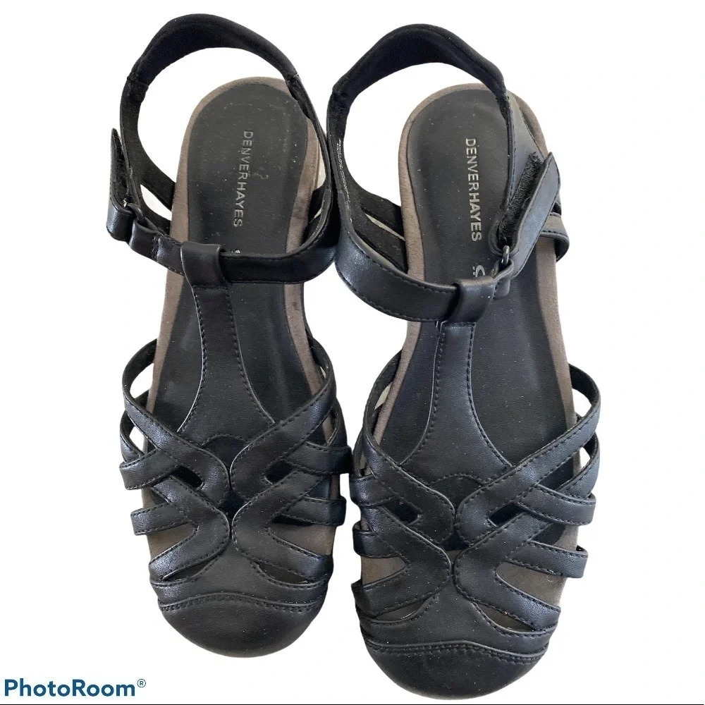 DENVER HAYES black grey trim sandals Sz 9